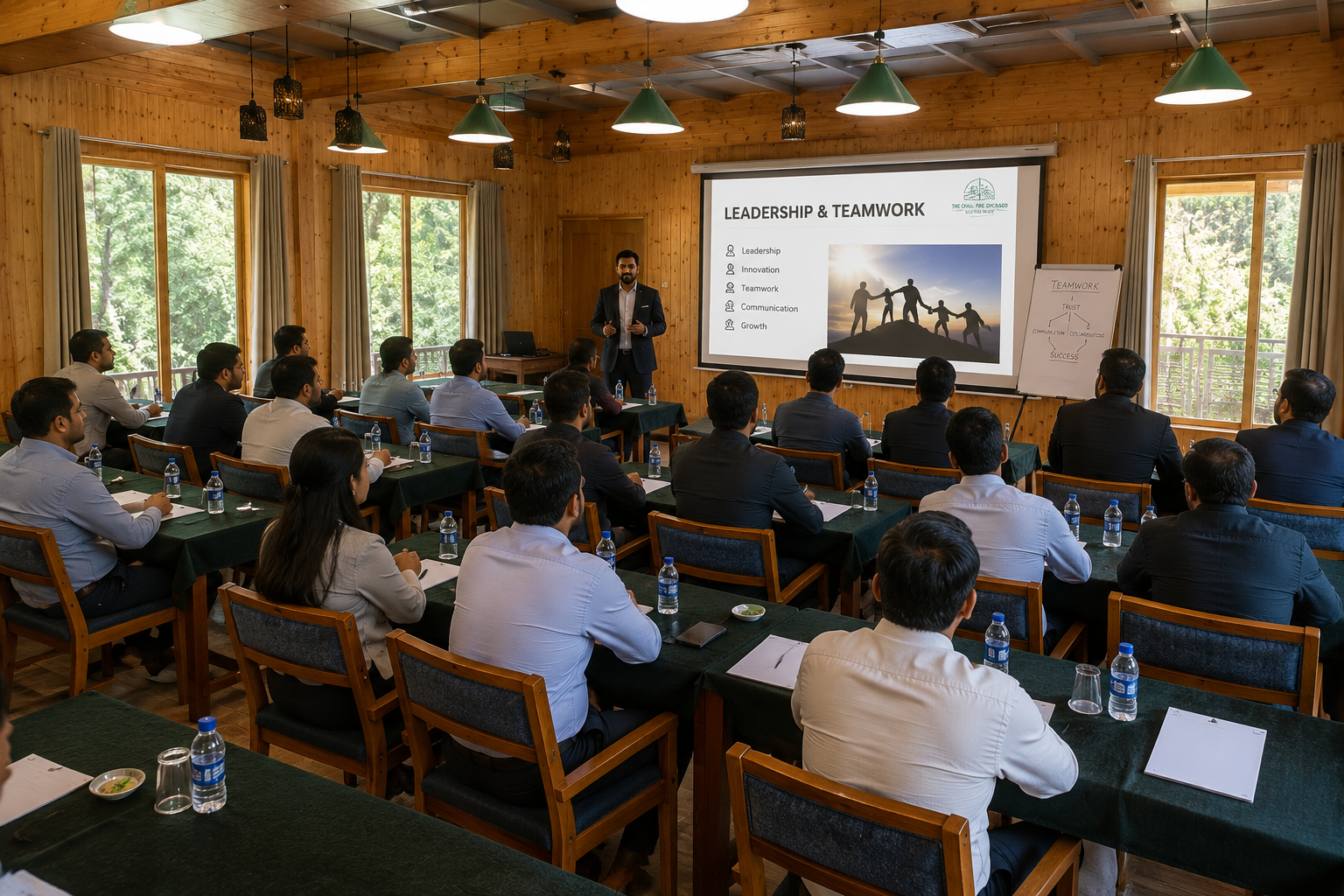 Leadership and teamwork session at The Chail Pine Orchard Resort