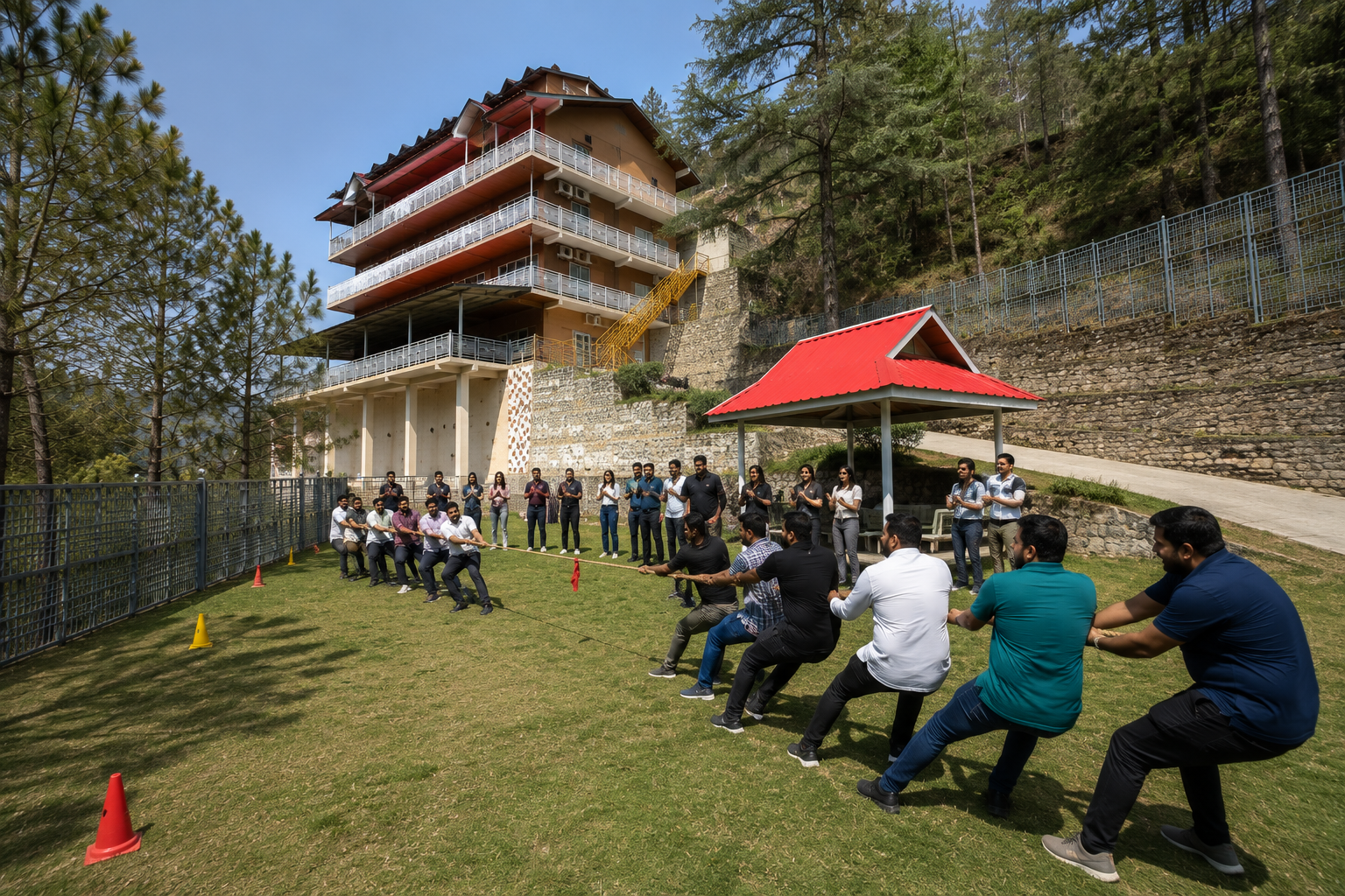 Corporate team activity on the resort lawn