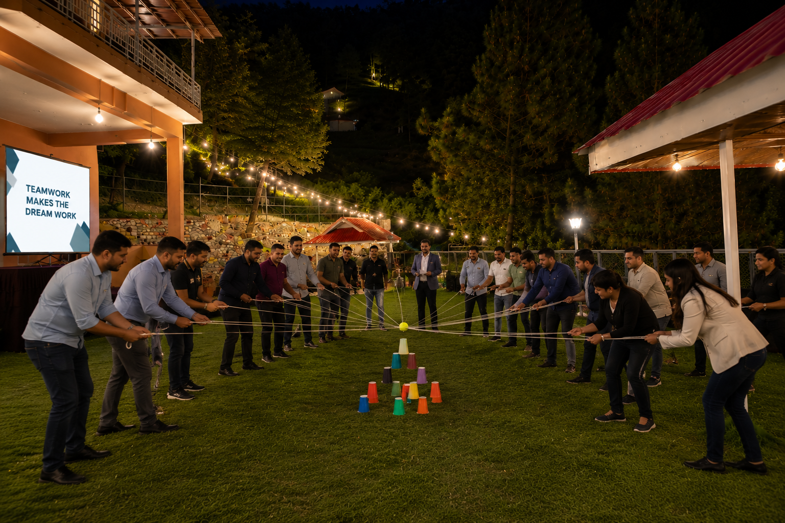 Corporate team playing a group activity on the resort lawn